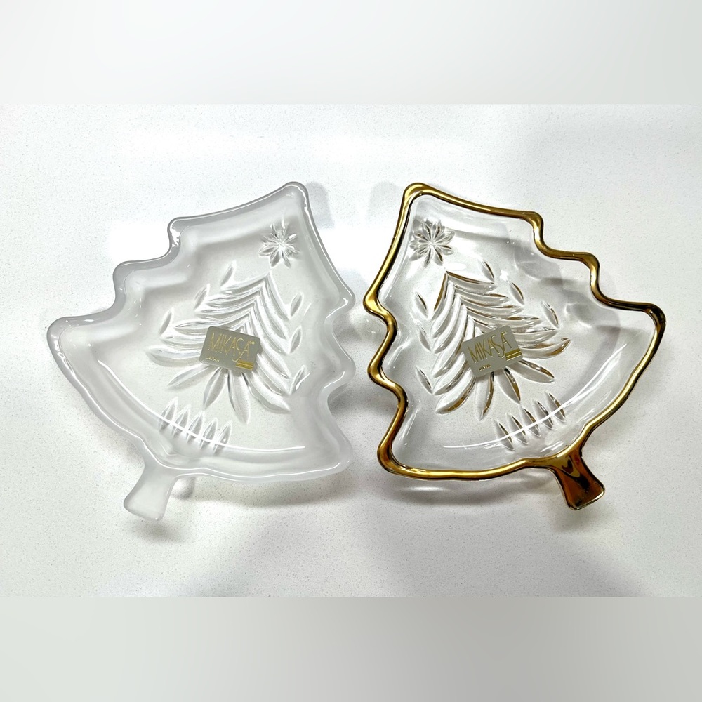 VTG Pair Mikasa Yuletide Christmas Tree Candy Trinkets Gold Rimmed Frost w/boxes